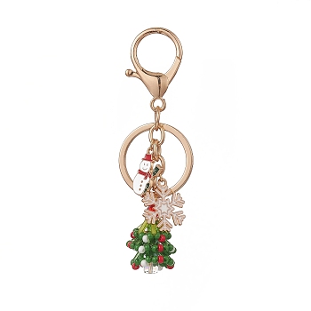 Christmas Theme Glass Keychains,with Alloy Enamel Pendants and Iron Keychain Clasp Findings, Snowflake & Christmas Tree & Snowman, Golden, 9.7cm