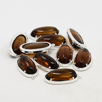 Silver Color Plated Brass Glass Pendants, Oval, Sienna, 24x15x7mm, Hole: 1mm