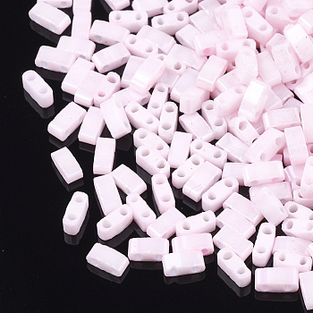 2-Hole Opaque Glass Seed Beads, Lustered, Rectangle, Pink, 4.5~5.5x2x2~2.5mm, Hole: 0.5~0.8mm