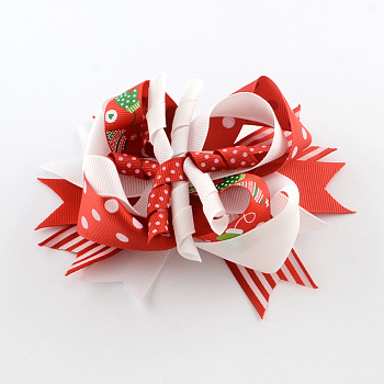 Christmas Grosgrain Bowknot Alligator Hair Clips, with Iron Clips, Red, Platinum, 105x130mm, clip: 56x8mm