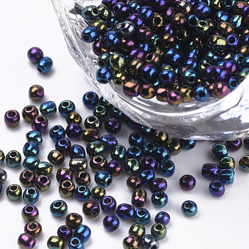 Plated Glass Seed Beads, Round, Medium Blue, 2~2.3x1.5mm, Hole: 0.8mm, about 30000pcs/bag, about 450g/bag