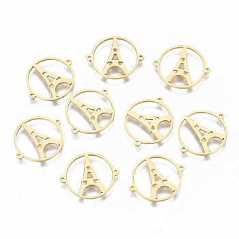 304 Stainless Steel Links Connectors, Laser Cut, Flat Round with Hollow Iron Tower, Real 18K Gold Plated, 15x18x0.8mm, Hole: 0.8mm