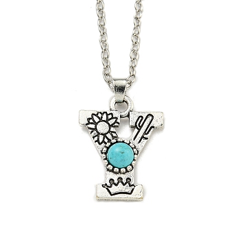 Letter A~Z Antique Silver Plated Alloy with Synthetic Turquoise Pendant Necklace, with Iron Cable Chains, Letter Y, 18.70 inch(475mm), Letter Y: 25x19mm