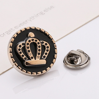 Plastic Brooch, Alloy Pin, with Enamel, for Garment Accessories, Round with Crown, Black, 18mm