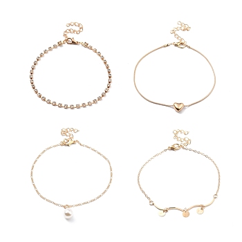 4Pcs 4 Style Alloy Chain Anklets Set with Heart Flat Round and Resin Pearl Charm, Clear Cubic Zirconia Tennis Anklets for Women, Light Gold, 8.27~9.06 inch(21~23cm)