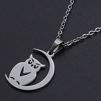 201 Stainless Steel Pendants Necklaces, with Cable Chains and Lobster Claw Clasps, Halloween Theme, Owl with Moon, Stainless Steel Color, 17.71 inch(45cm), 1.5mm