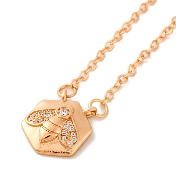 Brass Pave Clear Cubic Zirconia Cable Chain Bees Hexagon Pendant Necklaces for Women, Light Gold, 16.93 inch(430mm), Pendant: 15x13mm