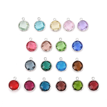 Glass Charms, with Platinum Plated Brass Findings, Long-Lasting Plated, Lead Free & Nickel Free & Cadmium Free, Faceted Flat Round, Mixed Color, 6x4x1.5mm, Hole: 0.9mm