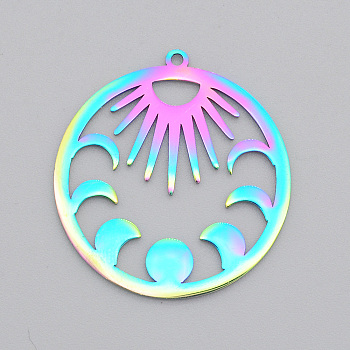 5Pcs Ion Plating(IP) 201 Stainless Steel Pendants, Laser Cut, Moon Phase Charms, Rainbow Color, 30x28x1mm, Hole: 1.4mm