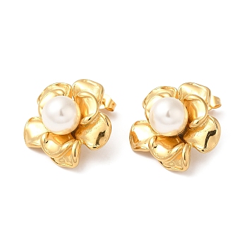 Plastic Pearl Beaded Flower Stud Earrings, Ion Plating(IP) 304 Stainless Steel Jewelry, Real 18K Gold Plated, 23.5x25mm