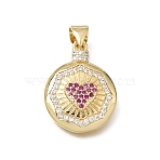 Brass Micro Pave Violet Cubic Zirconia Pendants, Round with Heart Charms, Cadmium Free & Lead Free, Rack Plating, Long-Lasting Plated, Real 18K Gold Plated, 20x15x3mm, Hole: 3.5x5mm(CU-E002-08B-G)