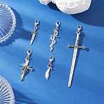 5Pcs Tibetan Style Alloy Sword Pendant Decorations, with Lobster Claw Clasps, Antique Silver & Platinum, 37~100mm(HJEW-JM04220)