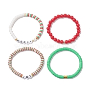4Pcs 4 Style Polymer Clay Heishi Surfer Stretch Bracelets Set, Acrylic Word Preppy Bracelets for Christmas, Mixed Color, Inner Diameter: 2-1/8 inch(5.5cm), 1Pc/style(BJEW-TA00269)