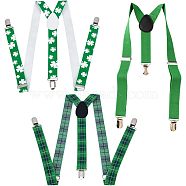 CHGCRAFT 3Pcs 3 Style Adjustable Polyester Y-Shaped Heavy Duty Suspenders, with 3 Iron Clips, for St.Patrick's  Day, Mixed Color, 400~1000x25~35x1.5mm, 1pc/style(AJEW-CA0003-03)