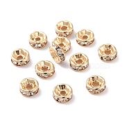 Brass with Crystal Rhinestone Spacer Beads, Cadmium Free & Lead Free, Flat Round, Real 14K Gold Plated, 6x2.5mm, Hole: 1.6mm(KK-G418-14G-A)