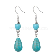 Teardrop & Heart Synthetic Turquoise Dangle Earrings, Silver Plated Brass Earring for Women, 56~57x10mm(EJEW-JE05531)