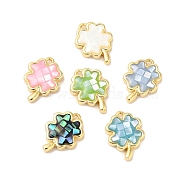 Rack Plating Brass & Shell Clover Charms with Epoxy Resin, Long-lasting Plated, Cadmium Free & Lead Free, Real 18K Gold Plated, Mixed Color, 12x8.5x2.5mm, Hole: 1mm(KK-K380-01G)