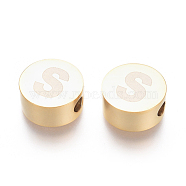 304 Stainless Steel Beads, Flat Round with Letter, Letter.S, 10x4.5mm, Hole: 2mm(STAS-I126-02G-S)