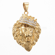 304 Stainless Steel Big Pendants, with Rhinestone, Lion, Golden, 53x38x15mm, Hole: 11x8mm(STAS-H419-09G)