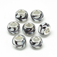 Handmade Lampwork European Beads, with Brass Double Cores, Large Hole Beads, Rondelle, Silver Color Plated, White, 14~15x10~11mm, Hole: 5mm(LAMP-T004-33G)