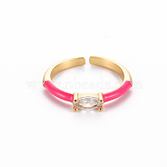 Brass Enamel Cuff Rings, Open Rings, Solitaire Rings, with Clear Cubic Zirconia, Nickel Free, Horse Eye, Golden, Deep Pink, US Size 7(17.3mm)(RJEW-T016-29A-NF)