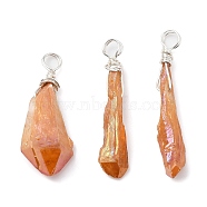 Electroplated Raw Rough Natural Quartz Crystal Copper Wire Wrapped Pendants, Copper Plated Teardrop Charms, Silver, 28.5~35x7~12x4.5~7.5mm, Hole: 3.5mm(PALLOY-JF02410-02)