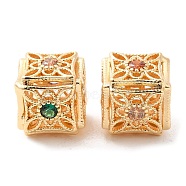 Brass Beads, with Glass, Hollow Cube, Real 18K Gold Plated, 11x11x10mm, Hole: 1.2mm(KK-F860-15G)
