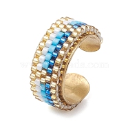 Glass Seed Beads Cuff Rings, 304 Stainless Steel Wide Band Open Rings for Women, Blue, 10mm, Inner Diameter: Adjustable(RJEW-MZ00016-01)