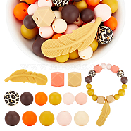 AHADERMAKER 14 Style Food Grade Eco-Friendly Silicone Beads, Chewing Beads For Teethers, DIY Nursing Necklaces Making, Feather & Round & Hexagon, Mixed Color, 11.5~56x11.5~20.5x5.5~15mm, hole: 2~2.5mm, 103pcs/box(SIL-GA0001-09)