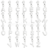 201 Stainless Steel Letter A~Z Pendant Decoration, with 304 Stainless Steel Lobster Claw Clasps, Stainless Steel Color, 24mm, 26 style, 1pc/style, 26pcs/set(HJEW-AB00491)