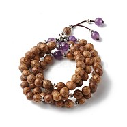 Energy Crystal Natural Amethyst Beads Warp Bracelet for Men Women, Wood Beads 4-layer Bracelet, Peru, Inner Diameter: 9-1/8 inch(23cm)(BJEW-JB06788)