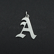 304 Stainless Steel Pendants, with Jump Ring, Old English, Letter, Laser Cut, Stainless Steel Color, Letter.A, 16.5x14.5x1mm, Hole: 3mm(STAS-R111-JA565-A)