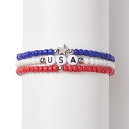 3Pcs 3 Style Independence Day Glass Beaded Stretch Bracelets Set, Word USA Acrylic & Alloy Star Stackable Bracelets for Women, Mixed Color, Inner Diameter: 2-1/8 inch(5.5cm), 1Pc/style(BJEW-TA00227)
