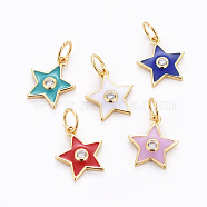 Brass Micro Pave Cubic Zirconia Charms, with Enamel and Jump Rings, Star, Golden, Mixed Color, 12x10.5x2mm, Hole: 3.5mm(KK-G360-09)