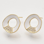 Brass Micro Pave Cubic Zirconia Stud Earring Findings, Enamel and Loop, Nickel Free, Real 18K Gold Plated, Ring, White, 15x14.5mm, Hole: 1mm, Pin: 0.7mm(KK-T054-36G-04-NF)