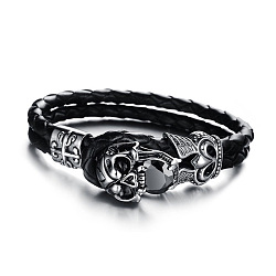 Cowhide Leather Double Layer Multi-strand Bracelet, Gothic Bracelet with Cubic Zirconia Skull Clasp for Men, Black, 7-7/8 inch(20cm)(SKUL-PW0004-28A)