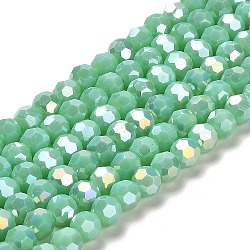 Opaque Glass Beads Stands, AB Color, Faceted(32 Facets), Round, Aquamarine, 6x5.5mm, Hole: 1.2mm, about 91~93pcs/strand, 19.49~19.92 nch(49.5~50.6cm)(EGLA-A035-P6mm-B14)