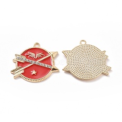 Alloy Enamel Pendants, with Rhinestone, Flat Round with Arrow Charm, Light Gold, 25.5x30x2.5mm, Hole: 1.8mm(ENAM-G213-06LG-01)