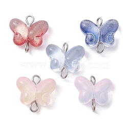 Transparent Baking Paint Glass Glitter Butterfly Connector Charms, with Stainless Steel Color Tone 304 Stainless Steel Double Loops, Mixed Color, 14x14.5x5.5mm, Hole: 1.8~2mm(PALLOY-JF02341-30A)