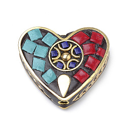 Handmade Indonesia Beads, with Brass Findings, Heart, Golden, Colorful, 28x31.5x9mm, Hole: 2mm(X-IPDL-S053-09)