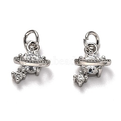 Brass Micro Pave Cubic Zirconia Charms, with Jump Rings, Long-Lasting Plated, Planet, Platinum, 11.5x8.5x5mm, Hole: 3mm(ZIRC-H119-10P)