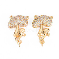 Autumn Theme Brass Micro Pave Clear Cubic Zirconia Peg Bails Links Connectors, for Half Drilled Bead, Nickel Free, Mushroom, Real 18K Gold Plated, 23.5x13.5x4.5mm, Hole: 0.8mm, Pin: 0.8mm(KK-T062-168G-NF)