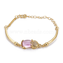 Golden Tone Brass Link Bracelets, with Glass and Cubic Zirconia, Pi Xiu, Pearl Pink, 7-5/8 inch(19.5cm), 2.5~3mm(BJEW-L639-14C)