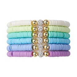 6Pcs 6 Color Polymer Clay Disc & Rhinestone Beaded Stretch Bracelets Set, Stackable Preppy Bracelets, Mixed Color, Inner Diameter: 2-1/8 inch(5.4cm), 1Pc/color(BJEW-JB09673)