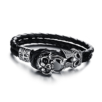 Cowhide Leather Double Layer Multi-strand Bracelet, Gothic Bracelet with Cubic Zirconia Skull Clasp for Men, Black, 7-7/8 inch(20cm)