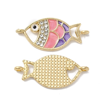 Alloy Enamel Links Connectors, with Crystal Rhinestone, Golden, Fish, Pink, 13.5x29.5x1.5mm, Hole: 1.5mm