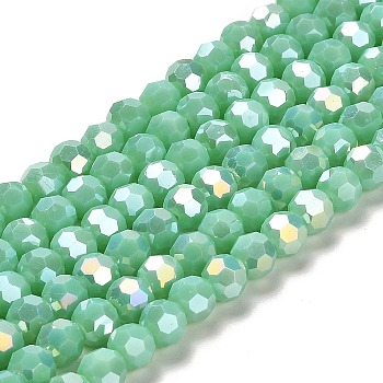 Opaque Glass Beads Stands, AB Color, Faceted(32 Facets), Round, Aquamarine, 6x5.5mm, Hole: 1.2mm, about 91~93pcs/strand, 19.49~19.92 nch(49.5~50.6cm)