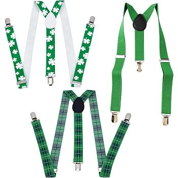 CHGCRAFT 3Pcs 3 Style Adjustable Polyester Y-Shaped Heavy Duty Suspenders, with 3 Iron Clips, for St.Patrick's  Day, Mixed Color, 400~1000x25~35x1.5mm, 1pc/style