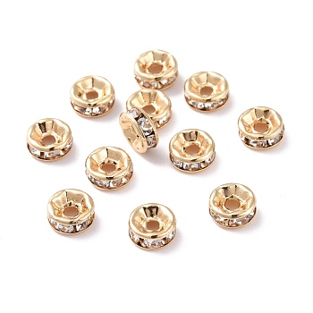 Brass with Crystal Rhinestone Spacer Beads, Cadmium Free & Lead Free, Flat Round, Real 14K Gold Plated, 6x2.5mm, Hole: 1.6mm