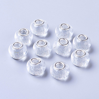 Glass European Beads, Large Hole Beads, with Silver Color Plated Brass Cores, Rondelle, Light Grey, 14x11mm, Hole: 4.5mm